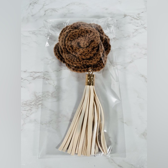 Brown Crochet Flower Bag Charm With Tassel - Picture 6 of 6